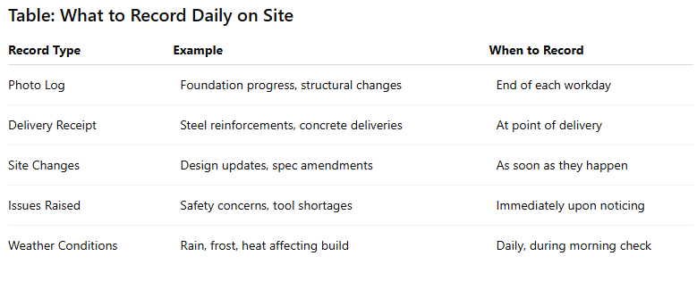 Table - What to Record Daily on Site