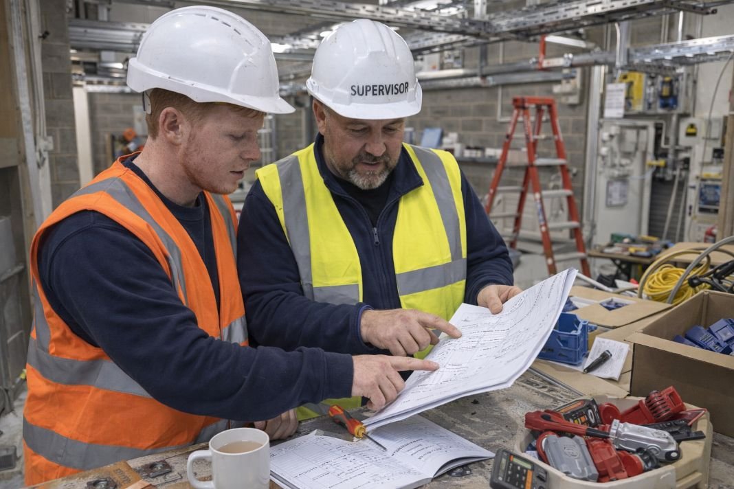 AI image of apprentice and supervisor discuss installation plans