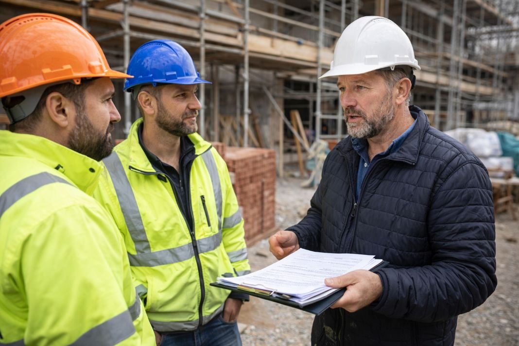 AI image of construction team discussion on-site