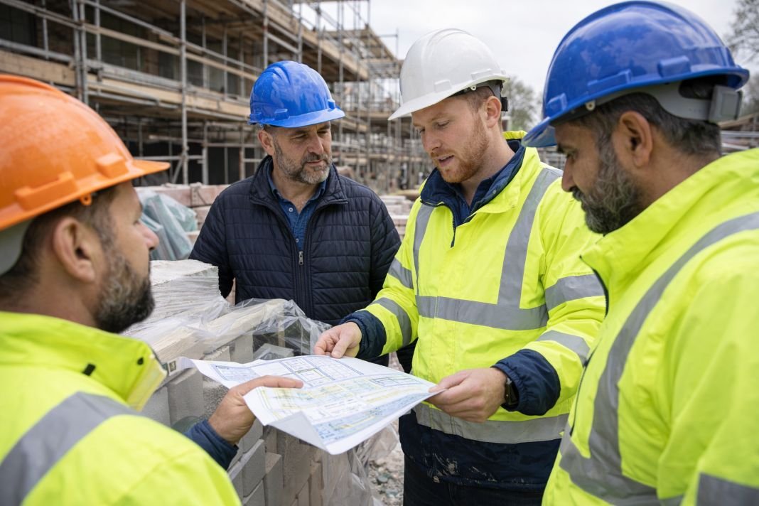 AI image of construction workers reviewing plans at site