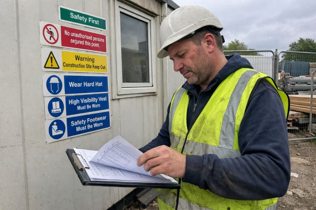 AI image of construction manager reviewing paperwork outside cabin