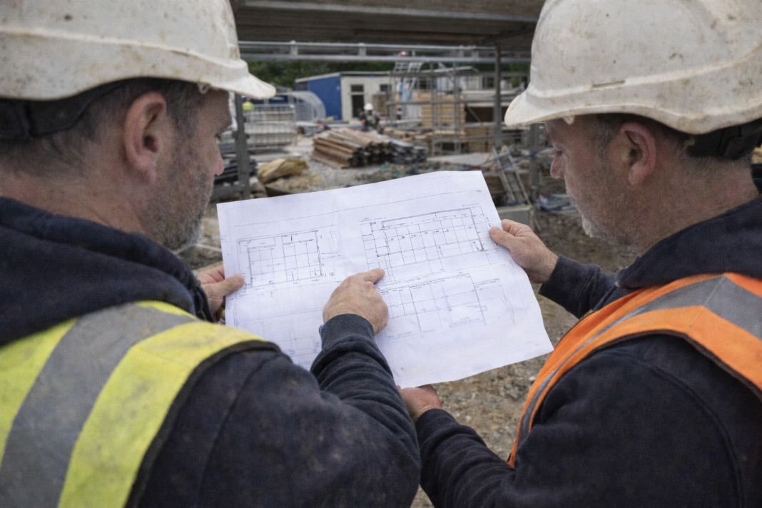AI photo of reviewing ceiling installation plans on site